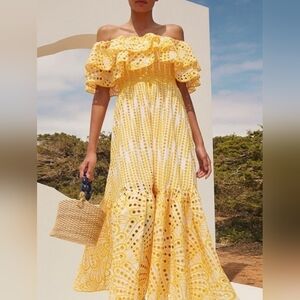 Classic Lady Vibe - Dotted Hole Yellow Maxi Dress - Double Layer Top, Flare Bot